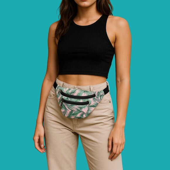 🌴 Tropical Palm Leaf Print Fanny Pack | Adjustable Belt Bag | Summer Festival - Picture 1 of 5